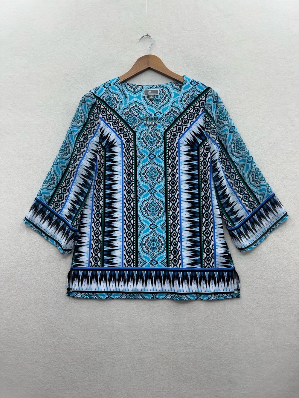 JM Collection Women’s Small Printed Studded Top Sheer 3/4 Sleeve